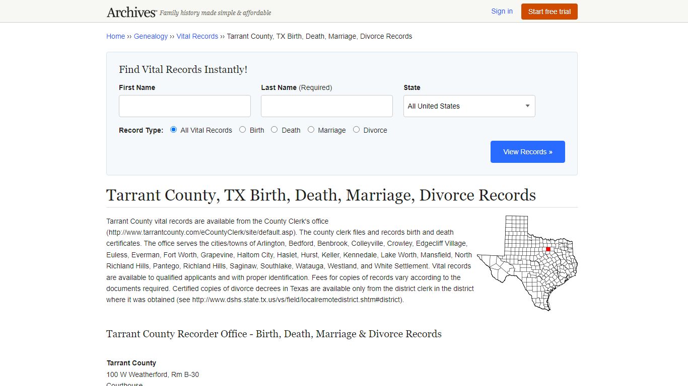 Tarrant County, TX Birth, Death, Marriage, Divorce Records - Archives.com